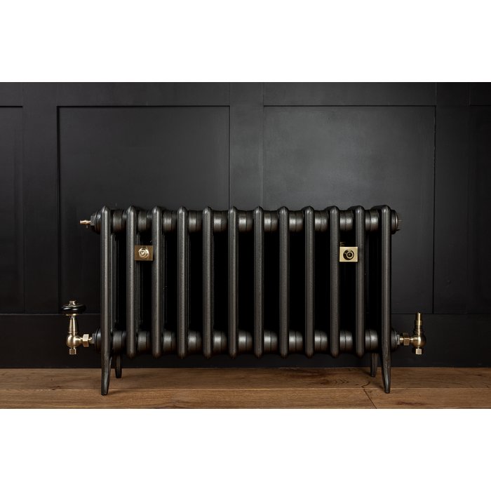 Traditional Victorian 4 Column 460mm Cast Iron Radiator 12 Section MB with Antique Brass Accessories (CDC-460-12-MBAB-BUND)