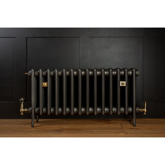 Traditional Victorian 4 Column 460mm Cast Iron Radiator 14 Section MB with Antique Brass Accessories (CDC-460-14-MBAB-BUND)