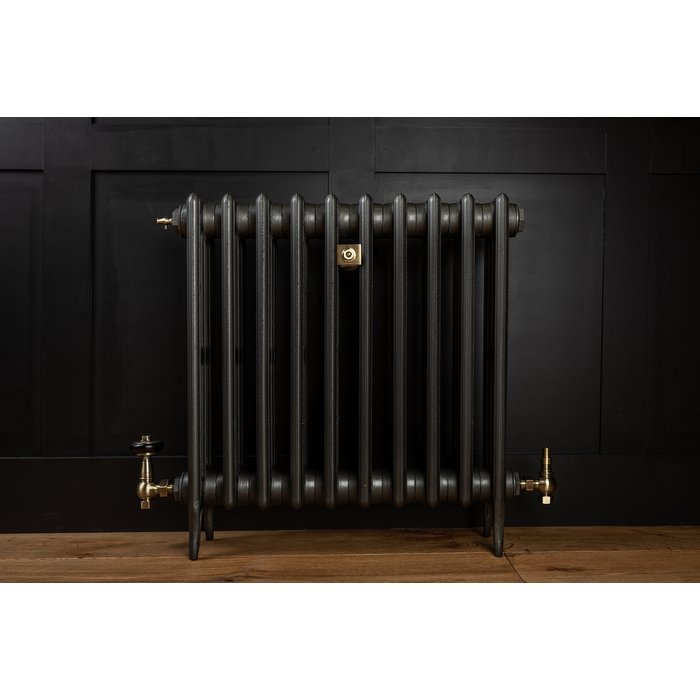 Traditional Victorian 4 Column 660mm Cast Iron Radiator 10 Section MB with Antique Brass Accessories (CDC-660-10-MBAB-BUND)