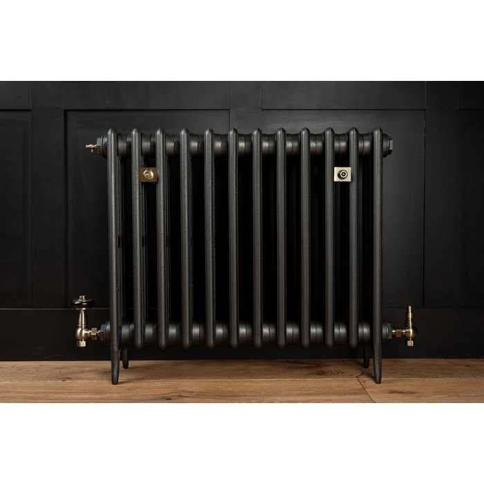 Traditional Victorian 4 Column 660mm Cast Iron Radiator 12 Section MB with Antique Brass Accessories (CDC-660-12-MBAB-BUND)