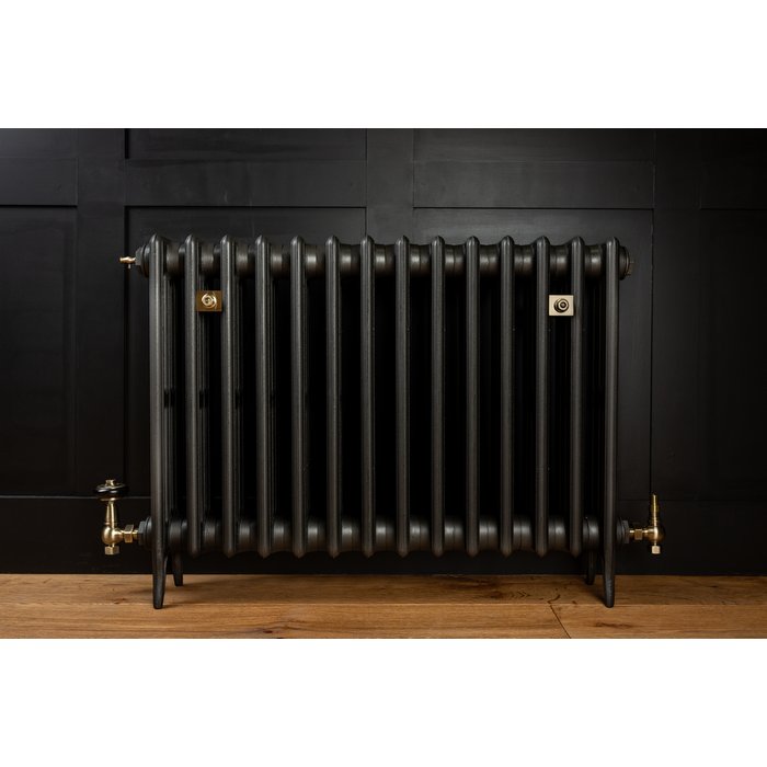 Traditional Victorian 4 Column 660mm Cast Iron Radiator 14 Section MB with Antique Brass Accessories (CDC-660-14-MBAB-BUND)