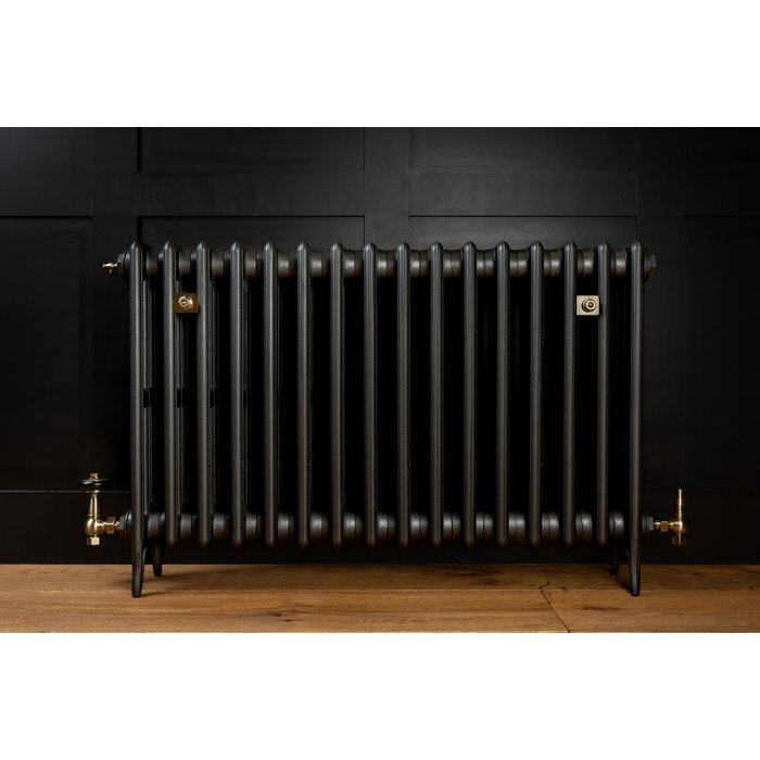 Traditional Victorian 4 Column 660mm Cast Iron Radiator 16 Section MB with Antique Brass Accessories (CDC-660-16-MBAB-BUND)