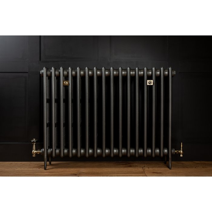 Traditional Victorian 4 Column 760mm Cast Iron Radiator 16 Section MB with Antique Brass Accessories (CDC-760-16-MBAB-BUND)
